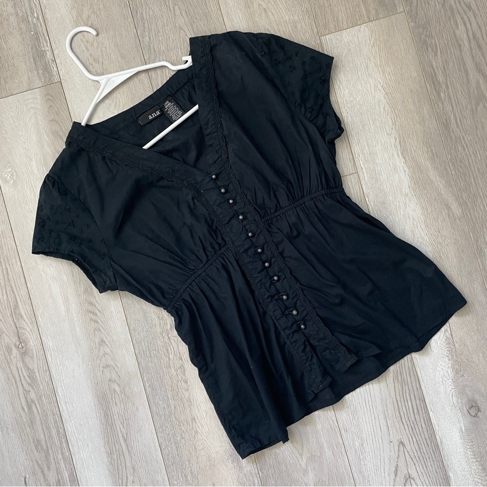 Y2K Peasant Top cotton v neck babydoll womens Black (large) vintage casual retro